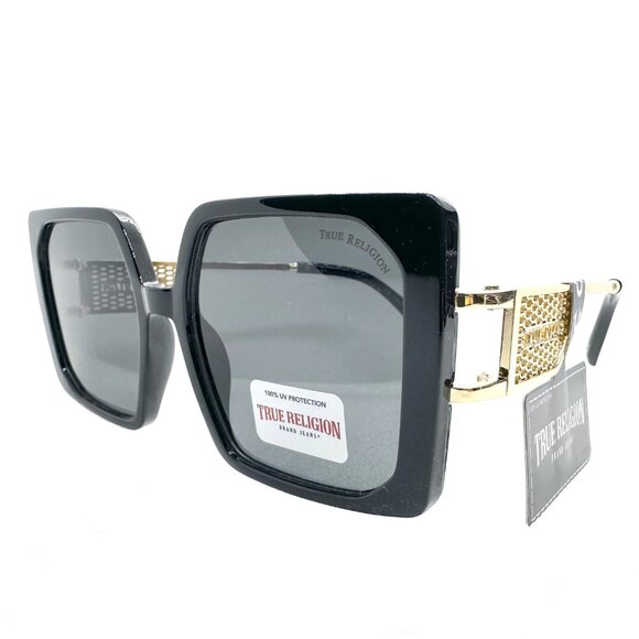True Religion TR93244 Rockabilly Black Oversized Square Sunglasses Gold Temples main image 4